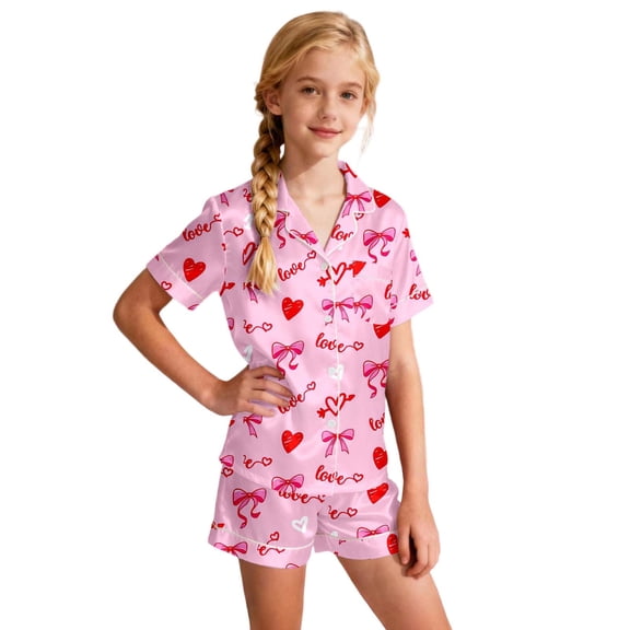 oqasdz 2 Piece Sets Pajamas for Kids and Toddler Graphic Print Short Sleeve Button Shirt and Shorts Sleepwear Loose Fit Pajama Set