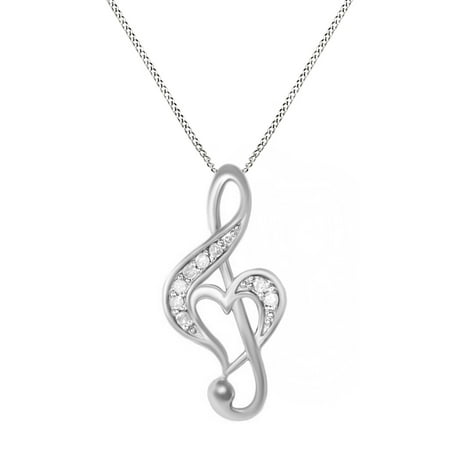 White Natural Diamond Music Note Heart Pendant Necklace in 14k White Gold Over Sterling Silver (0.1 Ct)