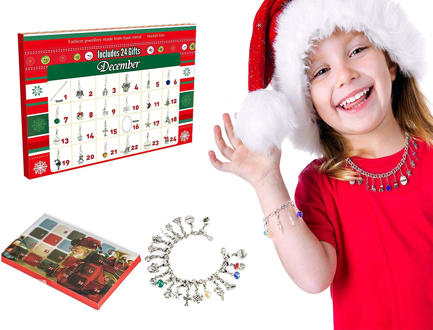 Kariwell 24 Days Christmas Advent Calendar 2020 Christmas Countdown Calendar 24 Charms with Bracelet Necklace Set Fashion Jewelry for Kids 