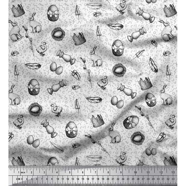 Soimoi Moss Georgette Fabric Chick,Egg & Rabbit Animal Print Fabric by Yard 42 Inch Wide