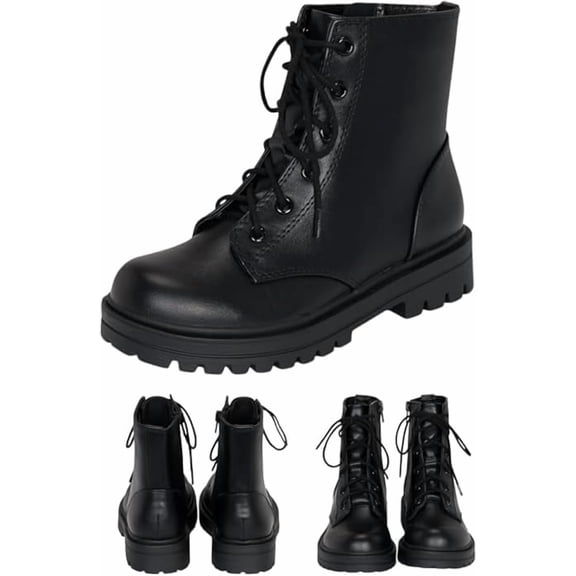 Brace-IIS - Girls/Boys/Kids/Children Lace Up Side Zipper Vegan Leather Lug Sole Combat Boots (Black PU, 5)