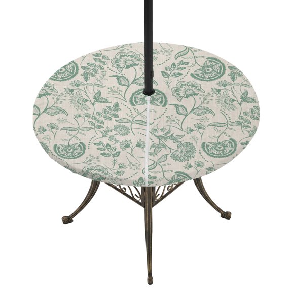 Round Outdoor Tablecloth with Umbrella Hole and Zipper, Green Spring Floral Tablecloth with Elastic Waterproof, Summer Botanical Vintage Farmhouse Patio Table Covers for 55" - 60" Picnic Pool Tables