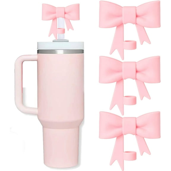 Bow Straw Covers Cap Toppers Compatible with Stanley 30&40 oz Tumbler Cups, Cute Pink 10mm Reusable Silicone Straw Topper for Stanley Tumbler with Handle, Stanley Cup Straws Accessories,3Pcs