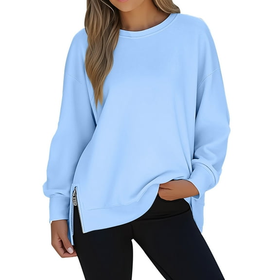 Long Sleeve Sweatshirt for Women Side Slit Zip Up Pullover Crewneck Sweatshirt Casual Womens Tops Spring Fall Fashion Clothing, Gifts for Women