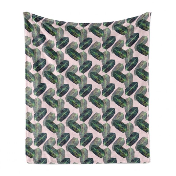 Leaves Soft Flannel Fleece Throw Blanket, Colorful Abstract Hatched Style Leaves Repetition Tropical Illustration, Cozy Plush for Indoor and Outdoor Use, 70" x 90", Baby Pink Multicolor, by Ambesonne