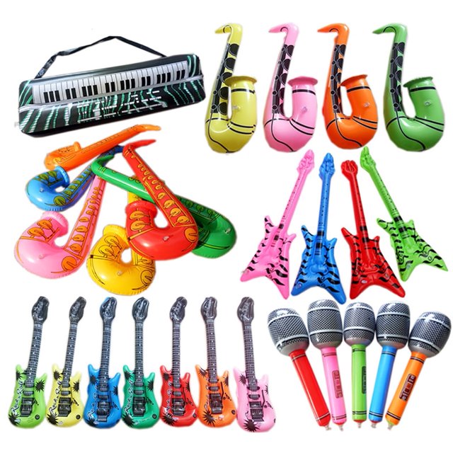 Shulemin - Guitarra inflable de PVC con micrófono, instrumento musical de laúd, juguete para niños, accesorios de fiesta, micrófono grande