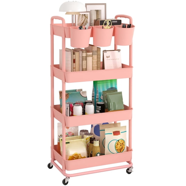 Carrito utilitario JIUYOTREE de 4 niveles, rollo rosa con tazas