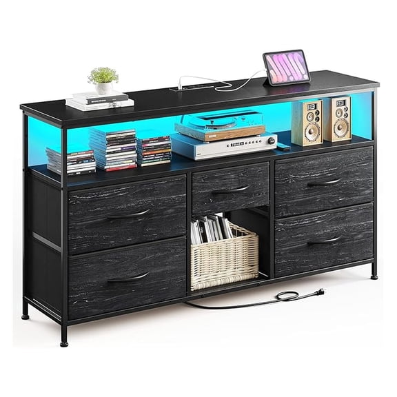 TV Stand with LED Lights & Power Outlets, 50 Inch Entertainment Center, Bedroom Dresser, 5 Drawers, Living Room Shelves, Metal Frame, Black