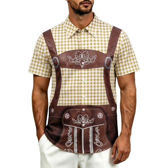XIAOCHA Gingham Print Button-Up Shirt For Men Short Sleeve Lightweight Oktoberfest Casual Top