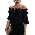 thumbnail image 2 of Women'S Off Shoulder Ruffle Short Sleeve Chiffon Blouse Black XXL, 2 of 7