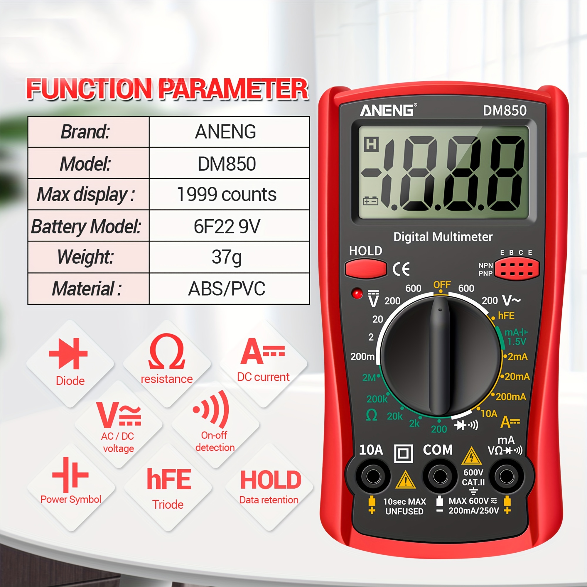 TKDMR Digital Multimeter Tester 1999 Counts with DC AC Voltmeter and Ohm Volt Amp Meter; Measures Voltage, Current, Resistance, Continuity and Diode, black、red