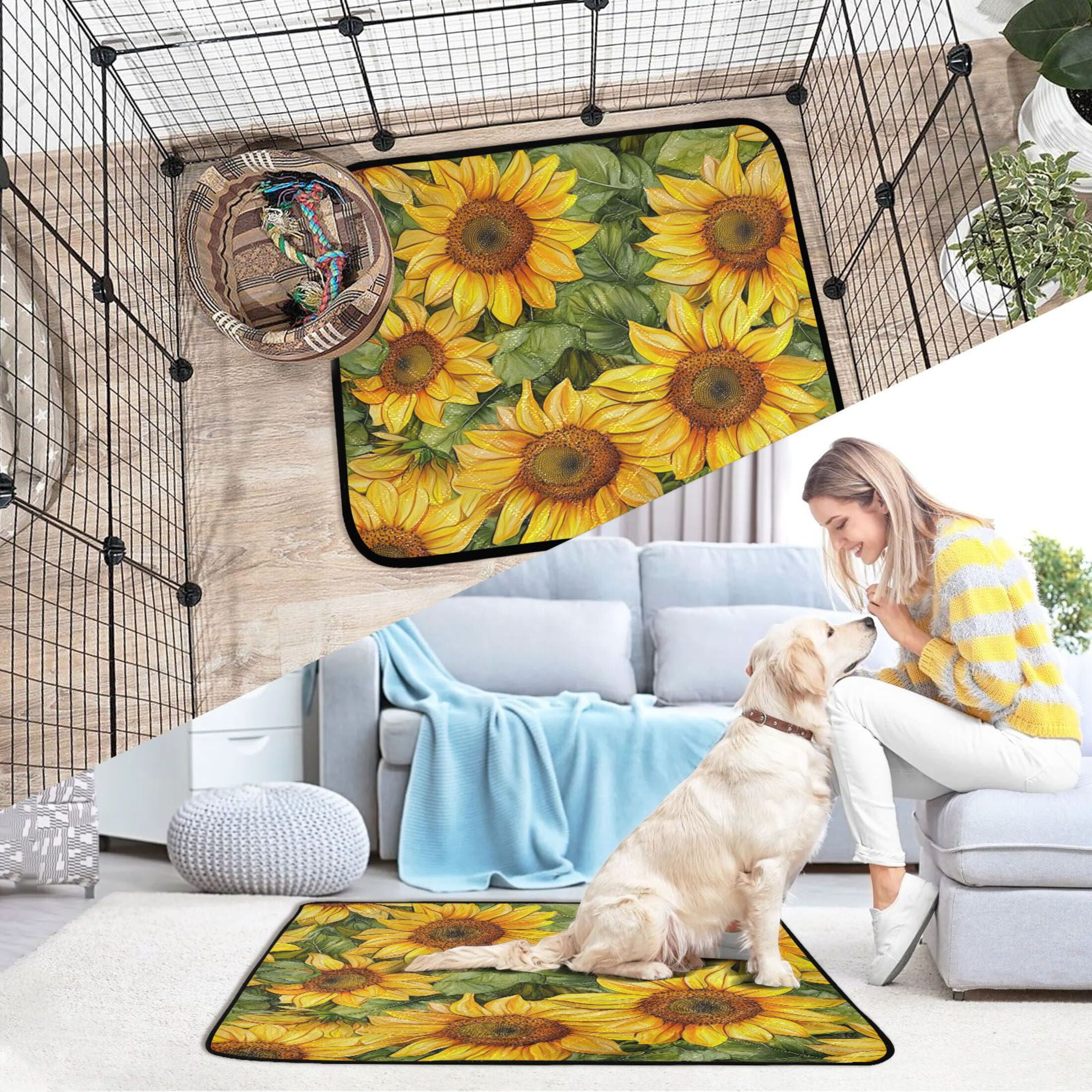 Qxltty Sunflowers Pattern Cat litter Pads Pet Set of 3 Diaper Mats Center Anti-leakage Layer Absorbent Soft and Comfortable