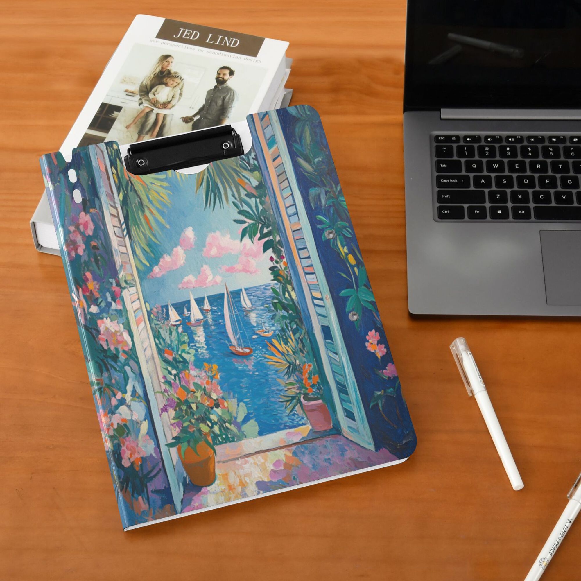 FORMRS A4 Clipboard Folder with Pen Holder Horizontal Foldable School Office Binder, Blue Sea