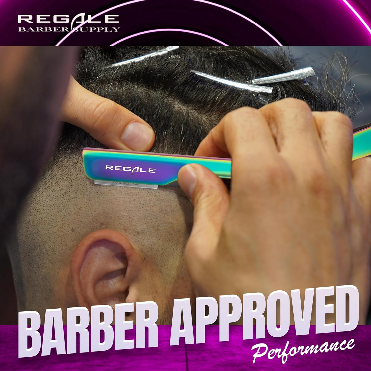 Regale Barber Supply Rainbow Holographic Straight Edge Razor, Multi Titanium Hitachi Quality Blade Razor For Shave