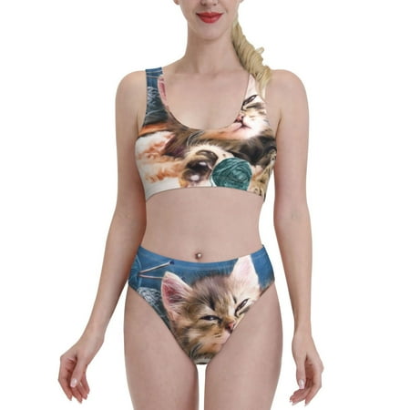 Bixox Playful Cat Pattern Two-Piece Sports Bikini with U-Shaped Top and High-Waist Bottom - Women s Swimwear with Removable Bra Pads