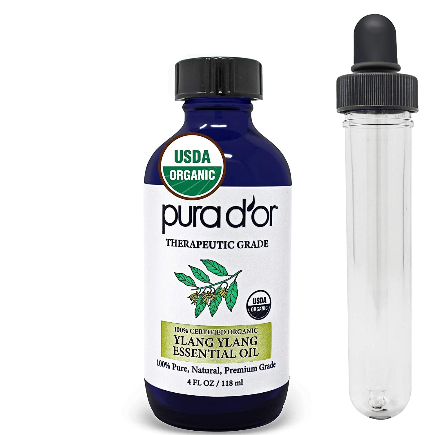 PURA D'OR Organic Ylang Ylang Essential Oil (4oz with Glass Dropper) 100% Pure & Natural Therapeutic Grade for Hair, Body, Skin, Aromatherapy Diffuser, Relaxation, Massage, Mood, Antioxidant Support