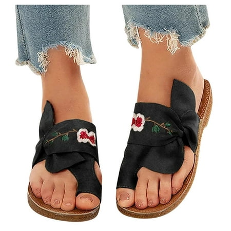

2022 Women Flat Sandals Open Toe Embroidered Flowers Sandals Clip Toe Orthopedic Bohemian Sandals Mules Beach Slippers