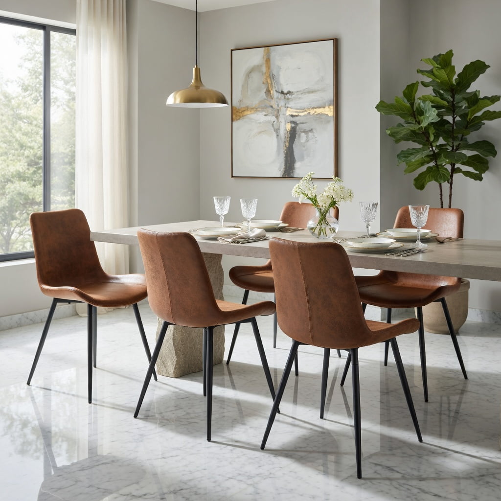Hommoo 6-Pack Suede Dining Chairs with Black Metal Legs, Curved Wide Seat Cushion, Non-Slip Floor Protection, Easy 10-Min Assembly, Modern Restaurant, Kitchen & Home Office Seating, Brown