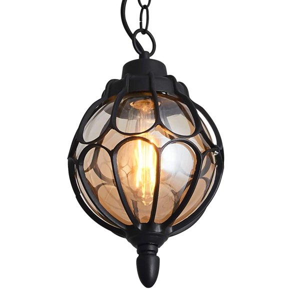 Outdoor Hanging Lamp Lantern, Waterproof Pendant Lighting Fixture in Painted Metal with Glass Globe, Exterior Ceiling Light for Porch, Entryway,Restaurant 9.1" (Black)