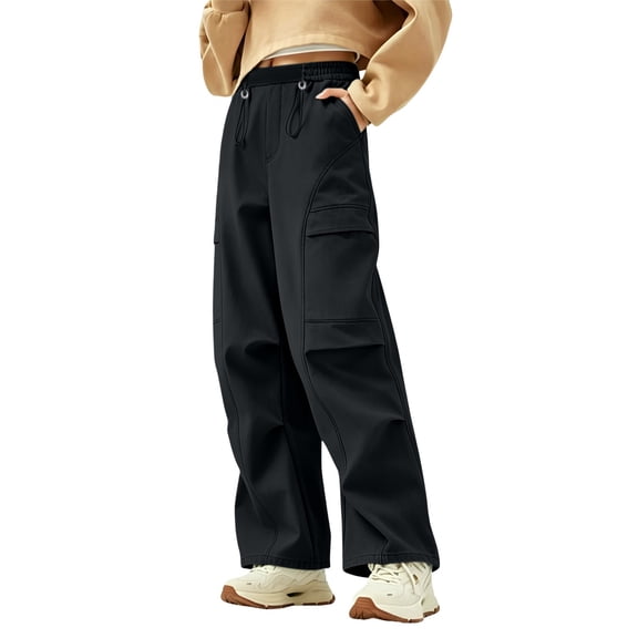 Women's Water Resistant Hiking Pants, Fleece Lined Cargo Pants for Women, High Waisted Baggy Parachute Trousers, Wide Leg Climbing Pants with Multi Pockets for Winter Outdoor and Street Black