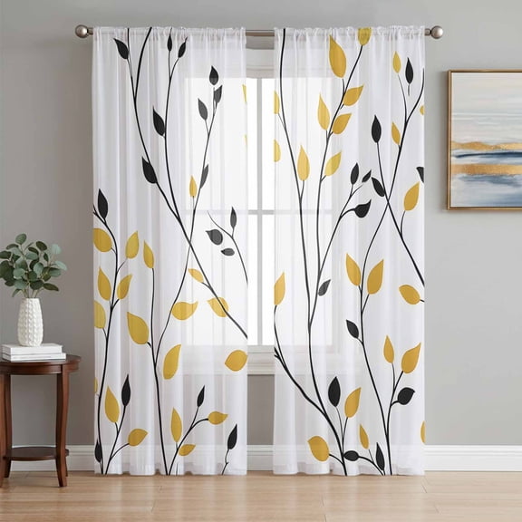 Yellow Black Branches Sheer Curtains 84 Inch Length 2 Panels Set, Spring Rusitc Botanical Leaves Voile Window Treatment Rod Pocket Curtains Sheers Drapes for Bedroom/Living Room/Kitchen 52"x84"x2