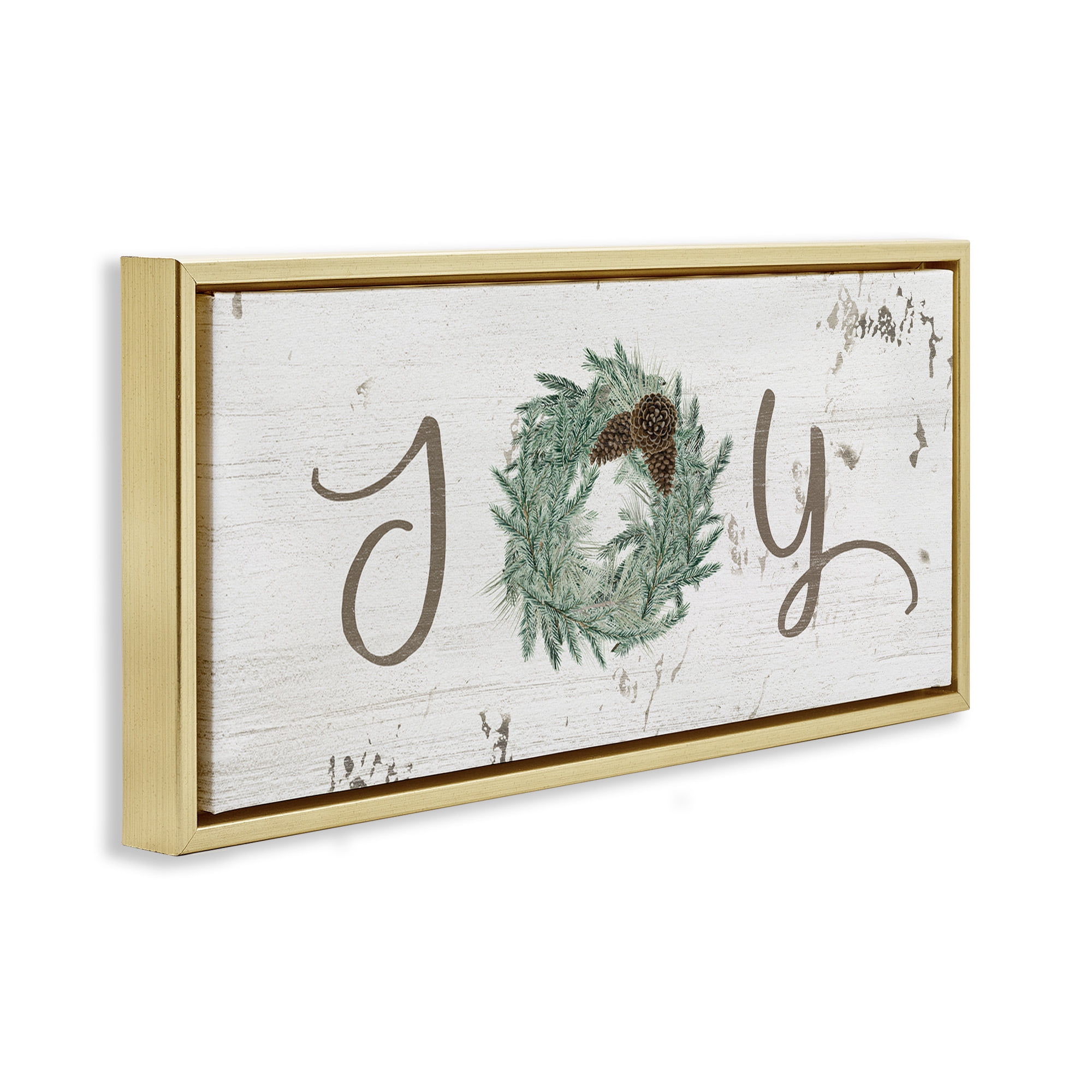 Stupell Industries Country Inspired Joy Wreath Holiday Painting Gold Floater Framed Canvas Art Print Wall Art, 25 x 11