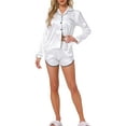 thumbnail image 2 of INSPIRE CHIC Women's Satin Pajamas Set Long Sleeve Button Down Top and Shorts 2 Piece Silky Pjs Set XS White, 2 of 6