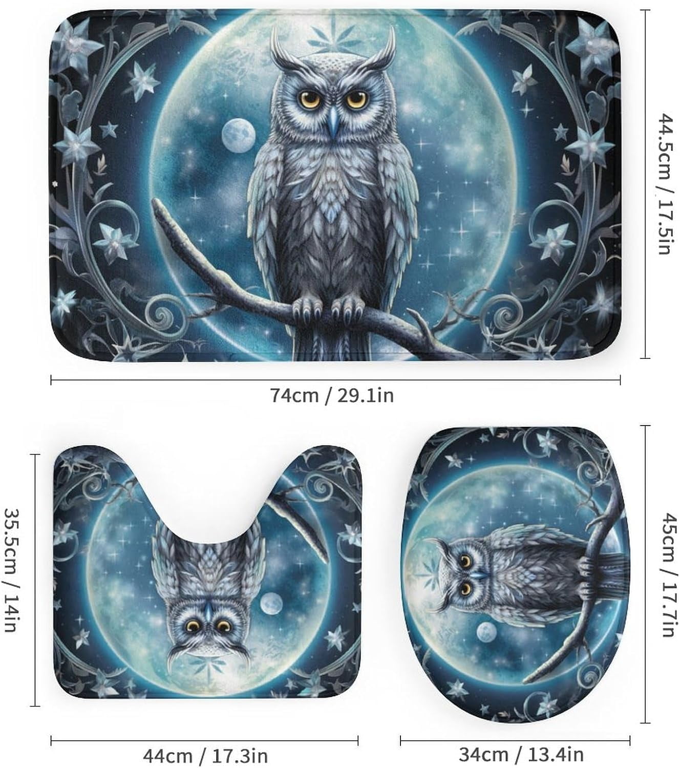 Fantasy Owl Shower Curtain Set for Bathroom 4Pcs Mystery Cool Animal Bird Retro Bathroom Sets with Rugs Toilet Lid Cover Bath Mat Shower Curtain Set with Hooks, Bathroom Decor