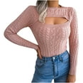 thumbnail image 2 of VSSSJ Women's Cutout Crew Neck Cable Knit Cropped Sweaters Casual Long Sleeve Slim Fit Solid Color Pullover Crop Jumper Sweater Pink S, 2 of 5