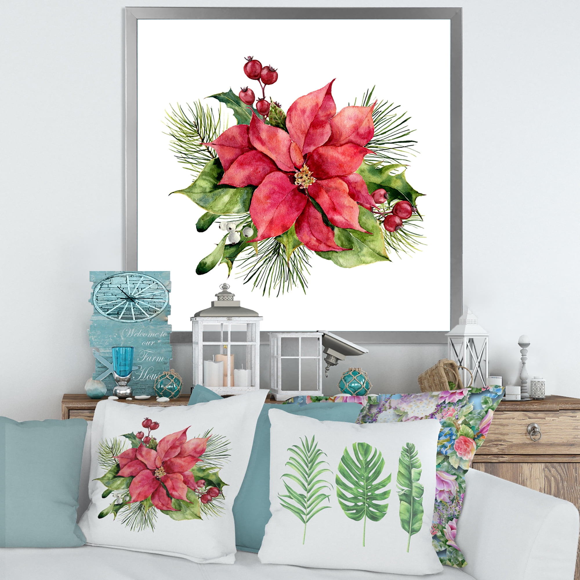Designart 'Christmas Fir Branch and Holly Mistletoe Berries I' Traditional Framed Art Print