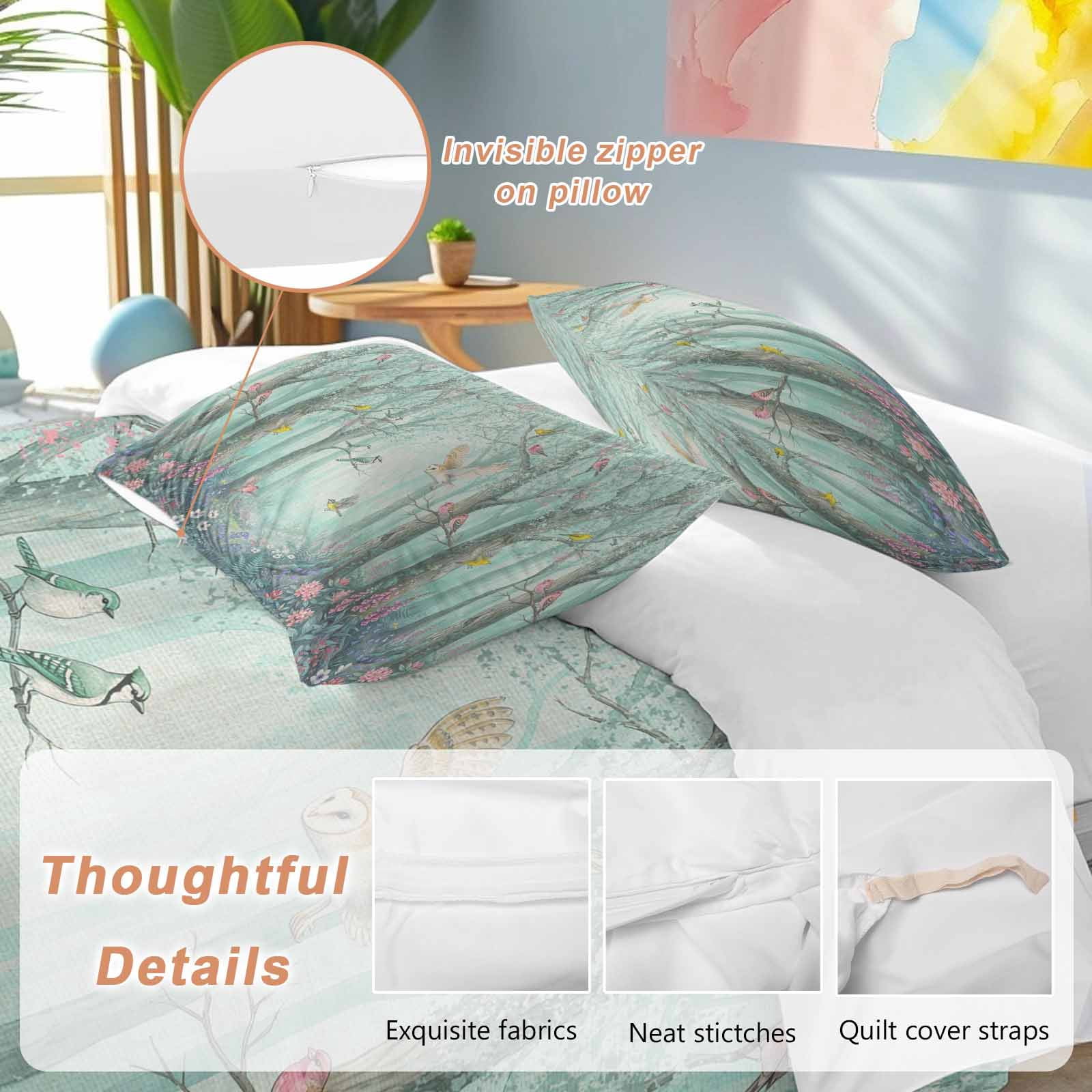 Watercolor Forest Birds Bedding 3 Piece Duvet Cover Set Full Size, Green Trees Seasonal Floral Soft Microfiber Comforter Cover with Zipper Closure & Pillowcases, Wrinkle & FadeResistant Quilt Cover