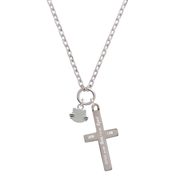 Delight Jewelry Silvertone Mini Cat Face with Whiskers I Set You Apart Engraved Cross Zoey Necklace, 28"