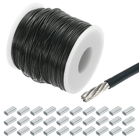 328Ft(100M) Wire Rope 304 Stainless Steel Cable 3/64"(1mm) Vinyl Coated with 30Pcs Aluminum Sleeve Black