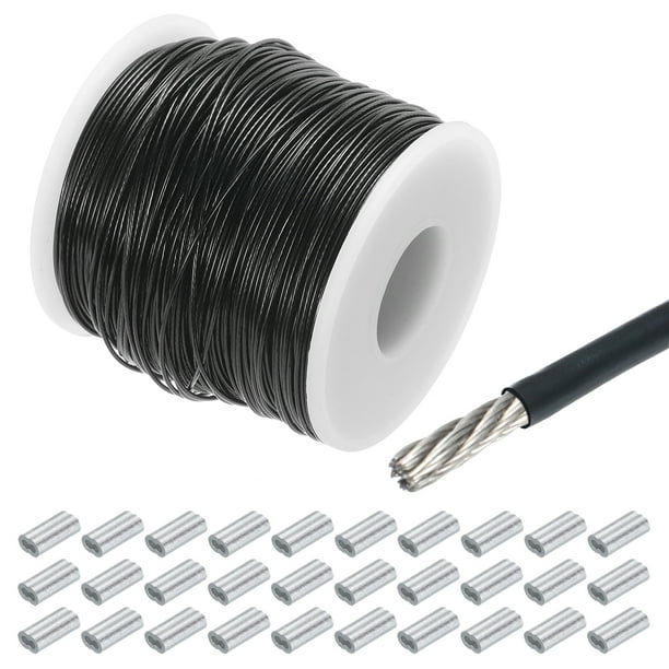 Cable de alambre de 328 pies (100 m) de acero inoxidable 304 recubierto de vinilo de 3/64" (1 mm) con 30 piezas de funda de aluminio negra