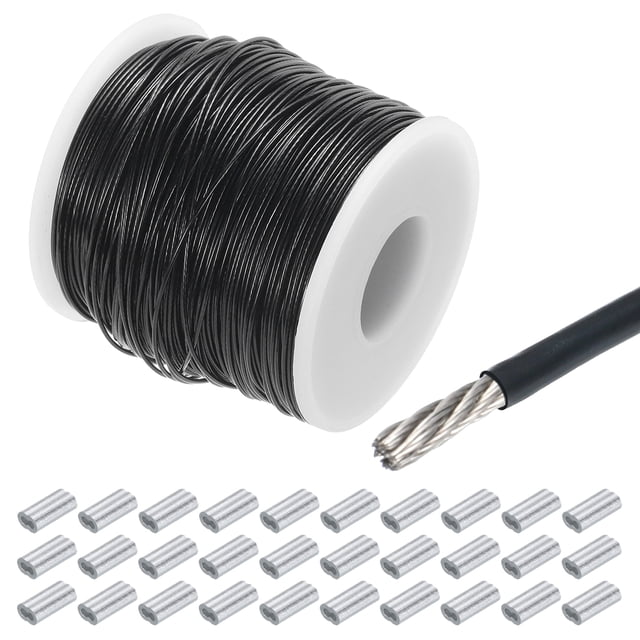 Cable de alambre de 328 pies (100 m) de acero inoxidable 304 recubierto de vinilo de 3/64" (1 mm) con 30 piezas de funda de aluminio negra