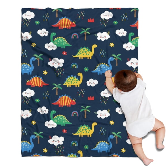 DarkBlue Dinosaurs Clouds Rainbows Pattern Blanket,Comfortable Soft Flannel Throw Blanket,All Season,Warm Lightweight Blankets for Sofa Bed Couch Living Room Chair,30"x40"