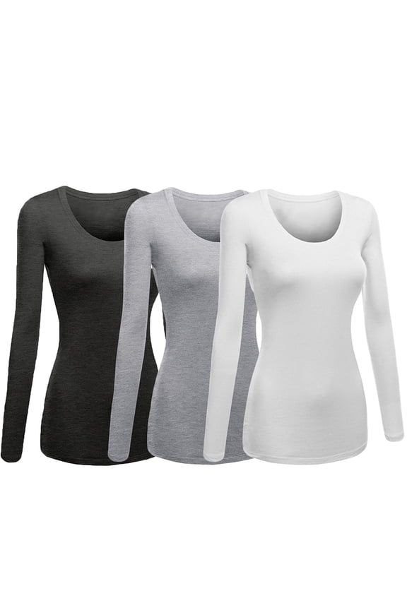Emmalise Women's Junior and Plus Size Basic Scoop Neck Tshirt Long Sleeve Tee, 3XL, 3Pk HthCharcoal, HthGray, White