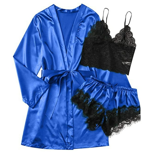 ICHUANYI Clearance 3PCS Women Satin Silk Pajamas Nightdress Lingerie Robes Underwear Sleepwear Set(Blue, L) Ichuanyi Ichuanyi