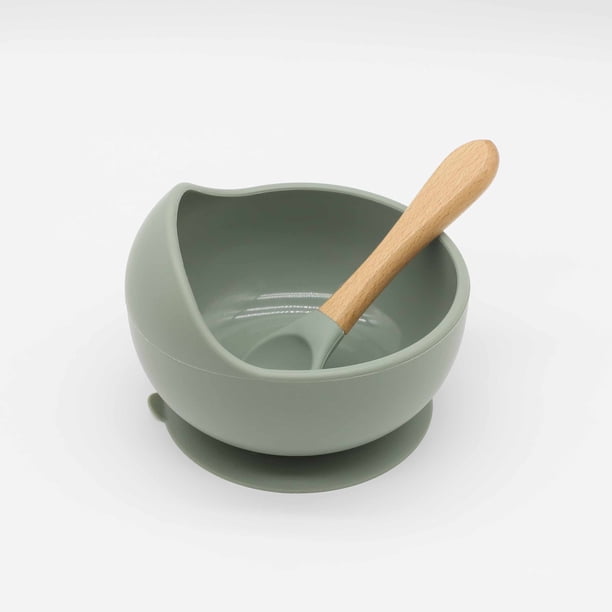Cuenco para bebé, cuchara, vajilla para niños, mango de madera, cuchara de silicona, cuenco con ventosa para niños, cuenco de silicona para bebé