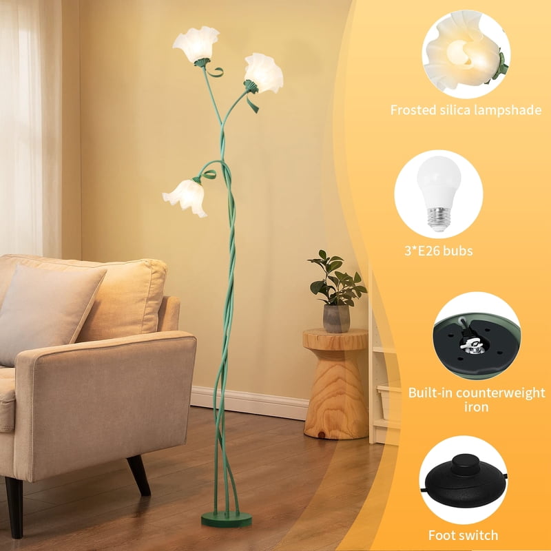 Stylish 3-Headed Flower Floor Lamp with Adjustable LED Arms Modern Tall Standing Light for Living Room, Bedroom, Reading Areas