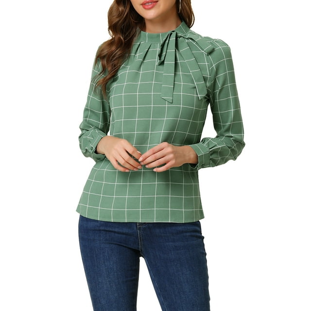 INSPIRE CHIC Hauts de Travail pour Femmes Carreaux Col à Nœud Papillon Manches Longues Chemisiers TP Vert