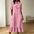 thumbnail image 6 of Husipze Womens Summer Cotton Linen Midi Dress Elbow Length Sleeve Button Front V Neck Casual Loose Dress with Pockets Pink M, 6 of 8