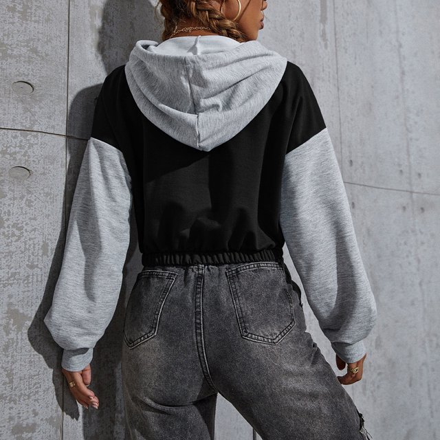Color Block Hoodie, Skin Friendly Pullover Sudadera Con Capucha Dobladillo Elástico Casual Moda Para Citas Fiesta Para Mujeres ANGGREK Negro Gris M