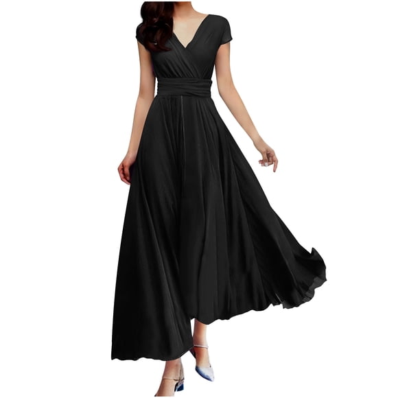 Tumotour Summer Dress For Women 2025 V-Neck Casual Short Sleeve Crew Neck Smocked Elastic Waist Midi Dress A-Line Flowy Wedding Guest Long Dresses