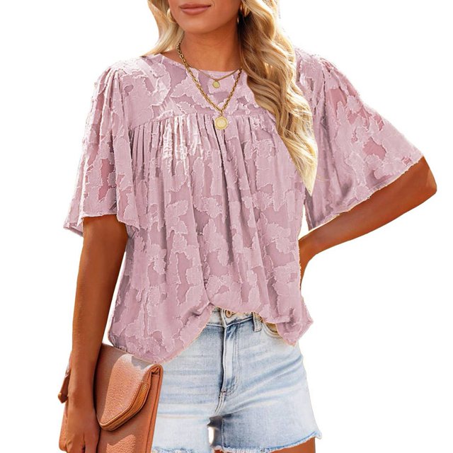 Blusa fruncida de manga acampanada para mujer, informal, de verano, con cuello redondo, de encaje, con textura floral, para citas