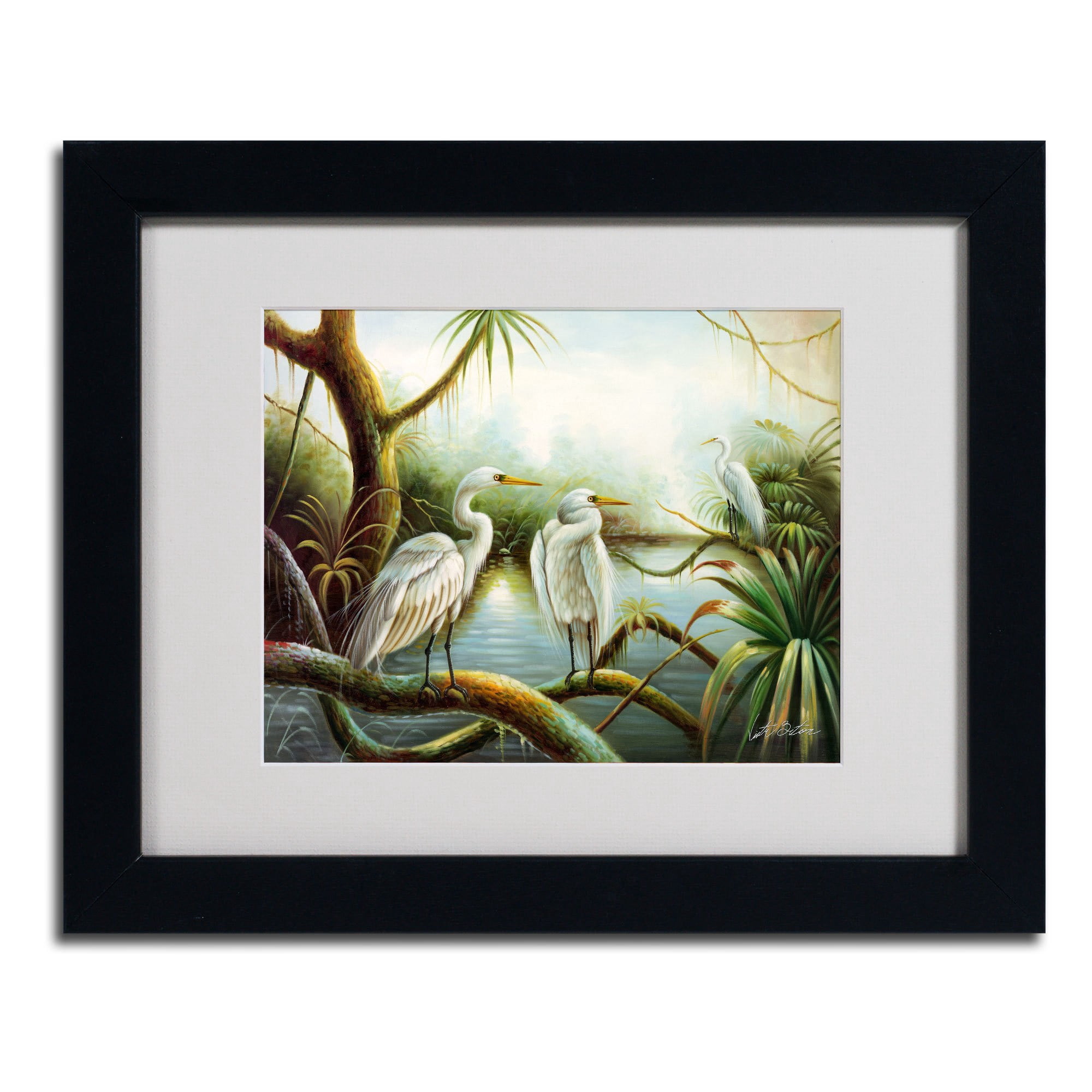 Trademark Fine Art "Three Herons" Canvas Art by Victor Giton, Black Frame
