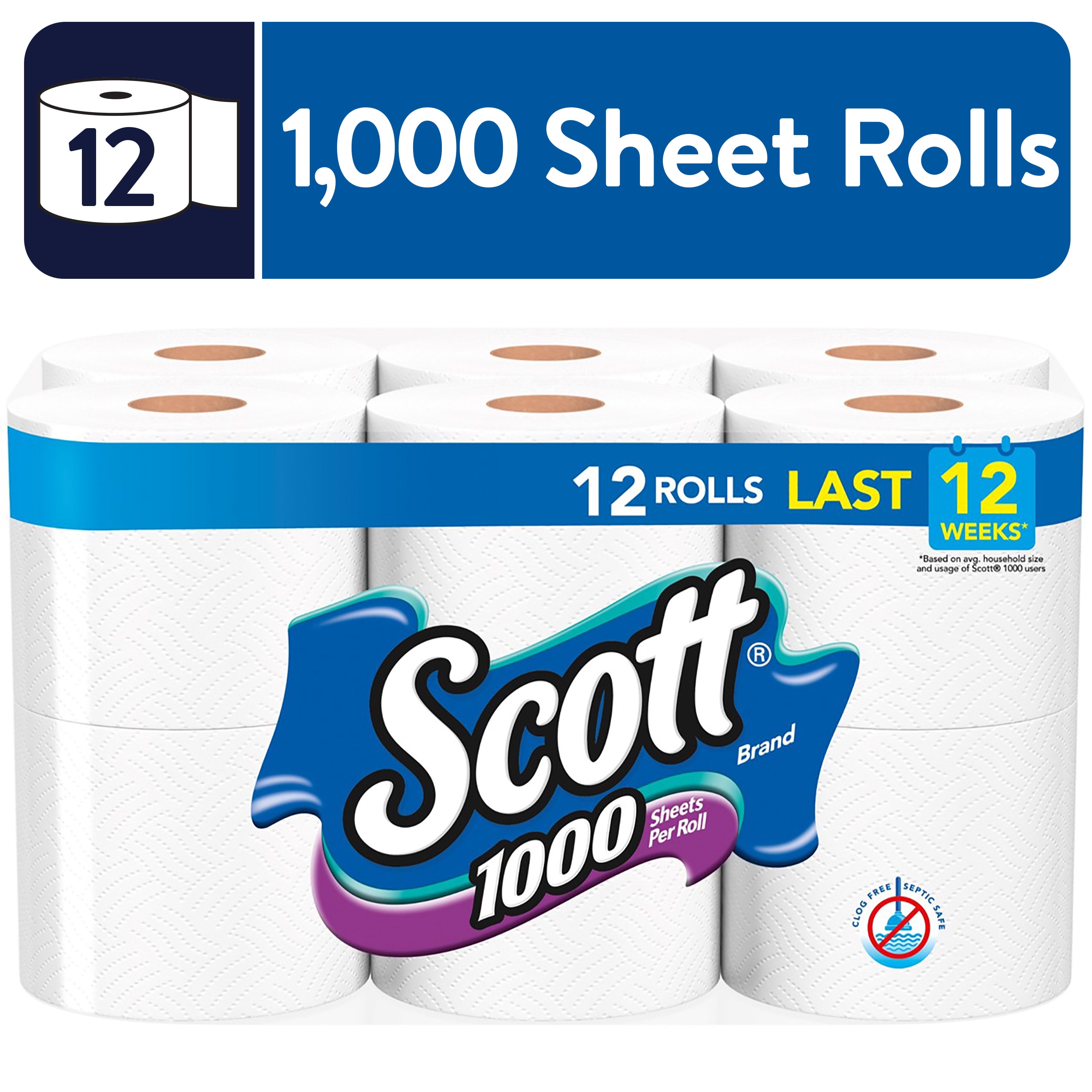 4 Rolls Scott 1000 Sheets Per Roll Giant Toilet Paper Bathroom Bath Tissue White 