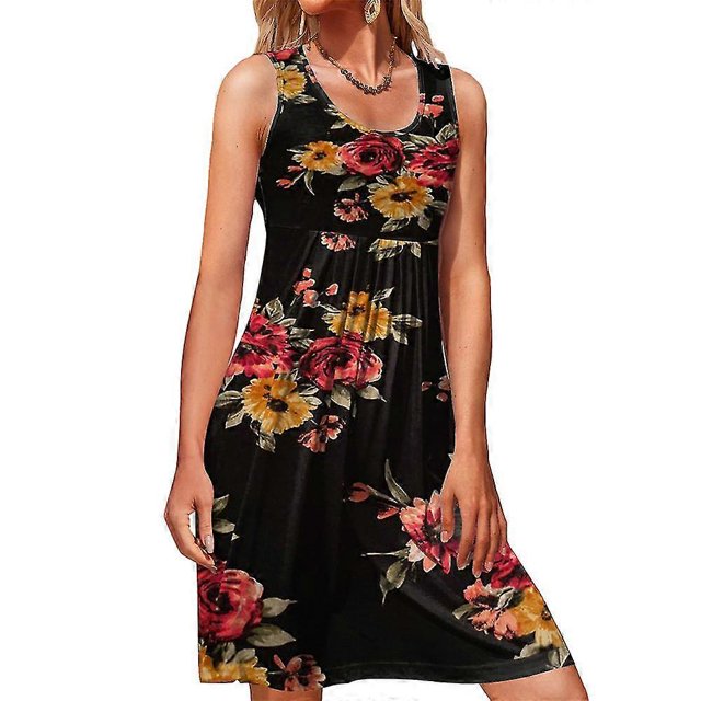 Women Scoop Neck Casual Tank Dress Printed Sleeveless Swing Dress