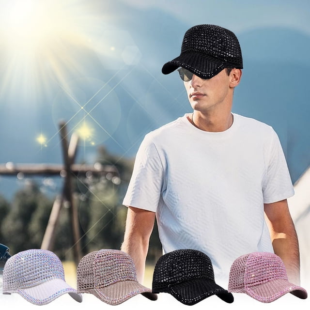 Gorra de Béisbol Unisex con Cristales de Estrás, Ajustable, de Malla, Brillante, Casual, Deportiva, Transpirable | Negra | Poliéster | Talla Ajustable | Ligera | Moderna | 1 Unidad