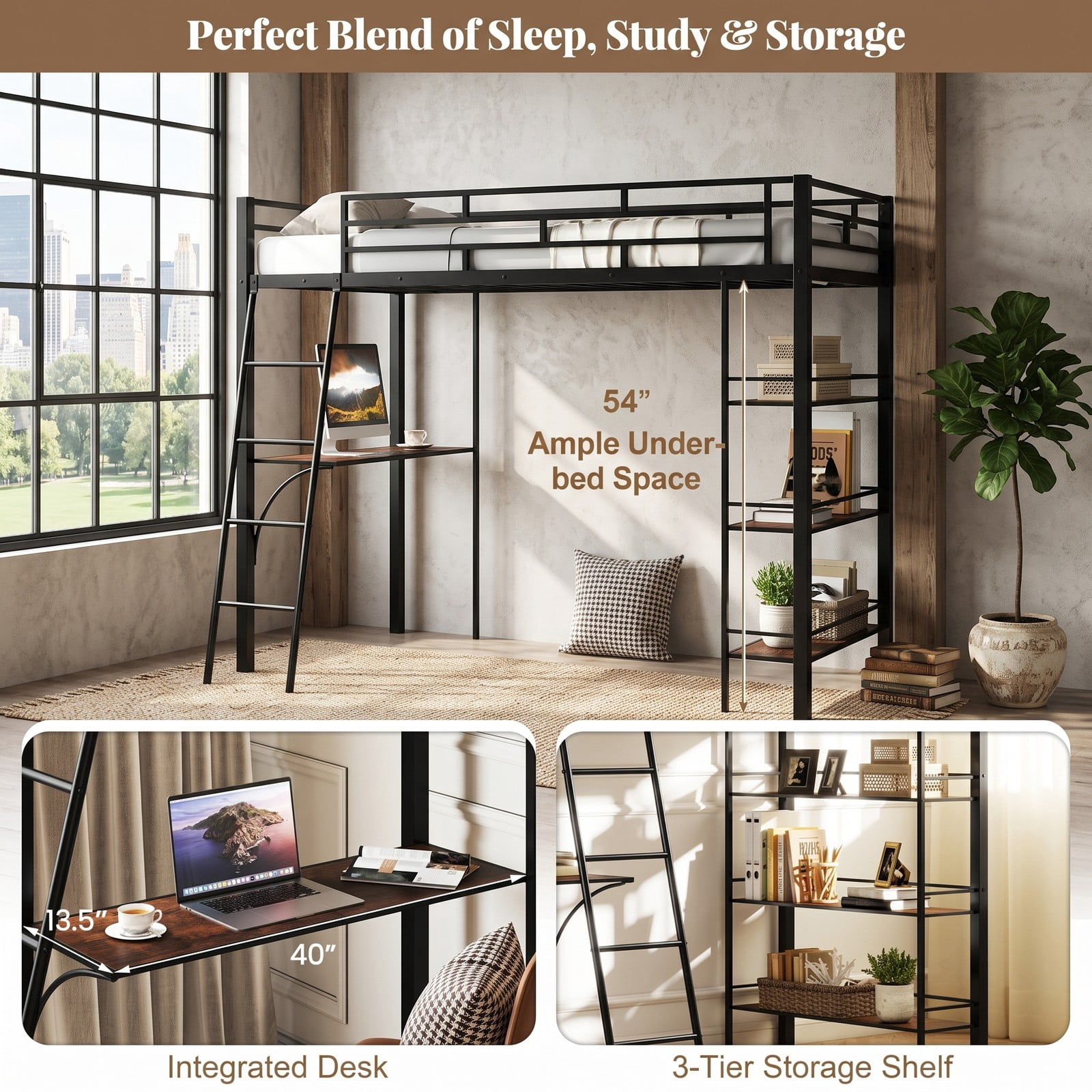 Furnibear Twin Size Loft Bed with Desk and 3-Tier Shelves for Kids and Home, Space-Saving Metal Loft Bed Frame with Ladder and Guardrails, Black